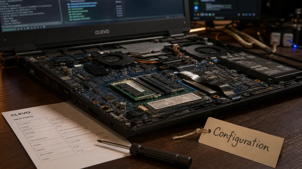 Clevo notebook computer : modularité, slots RAM/SSD, configuration.