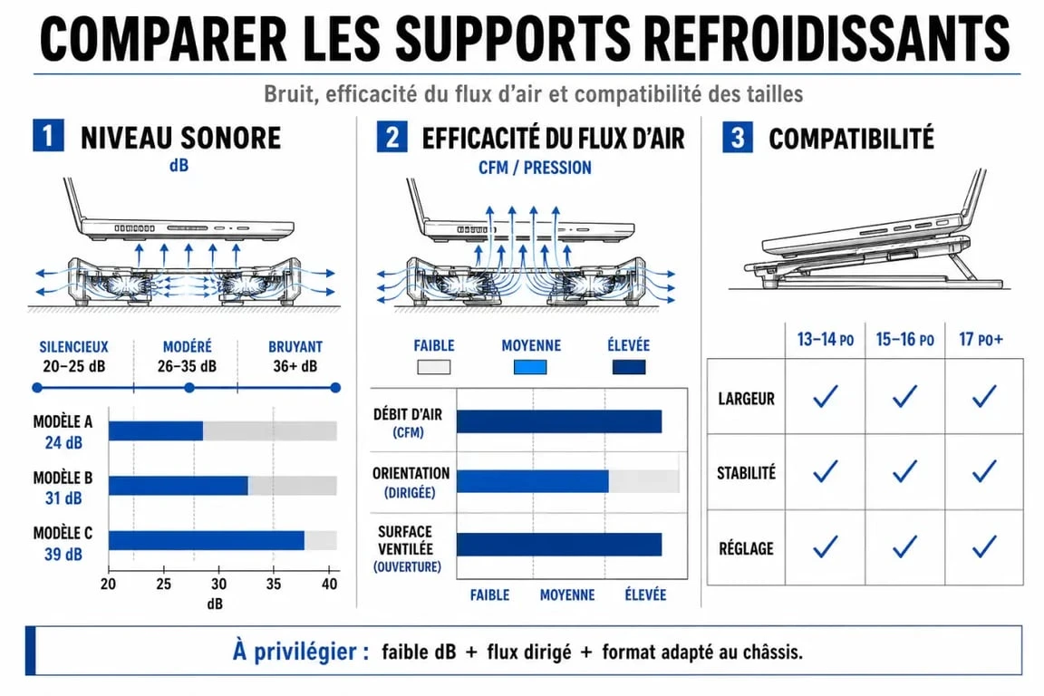 Infographie comparative des critères de choix pour un support ventilé pour PC portable