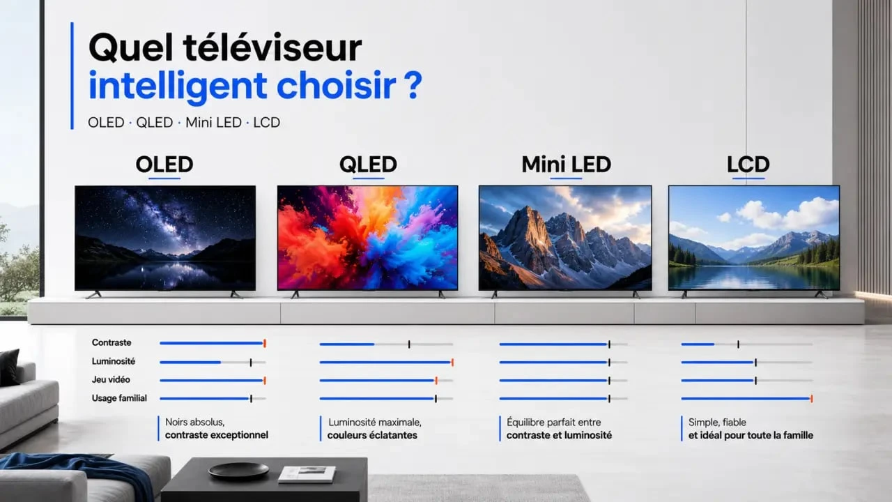 Meilleur smart TV : comparaison visuelle des technologies OLED, QLED, Mini LED et LCD