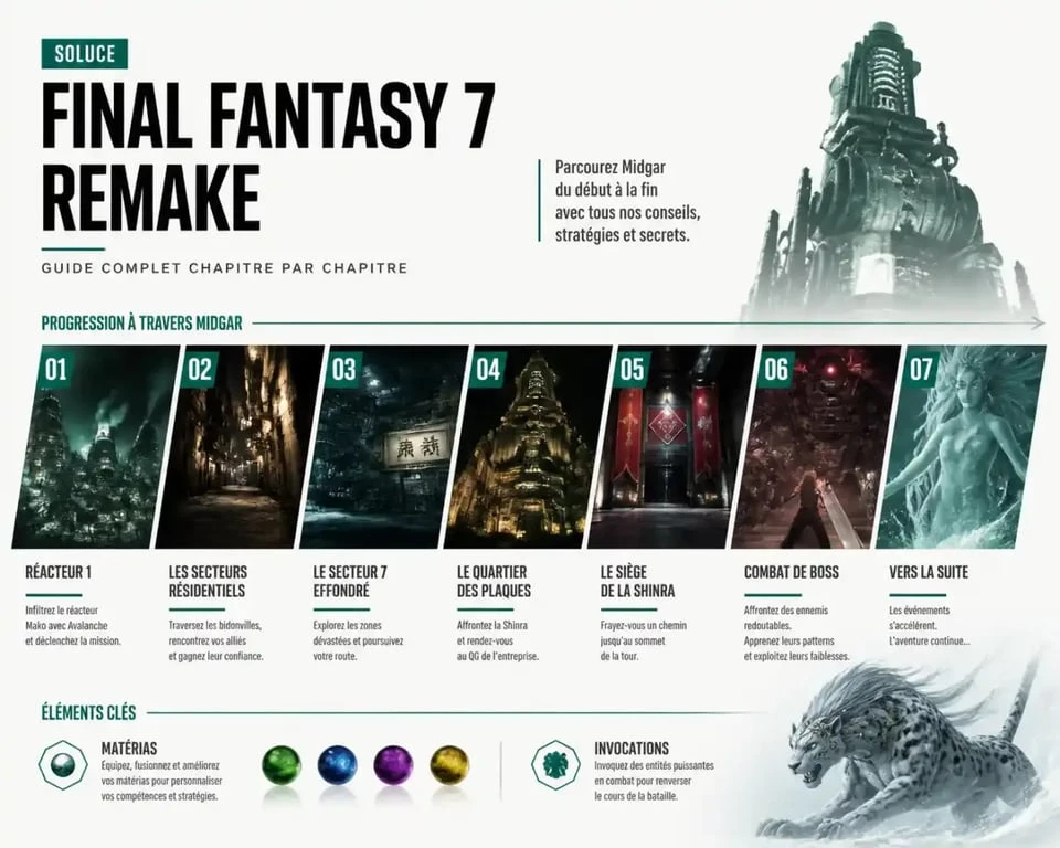 Final Fantasy 7 Remake soluce : frise visuelle de progression chapitre par chapitre dans Midgar