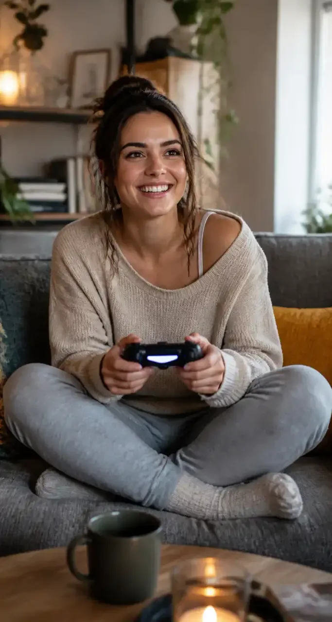 Joueuse manette en main sur un canapé