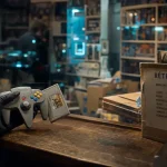 Magasin jeux vidéos Paris : main, manette et rétro sur comptoir
