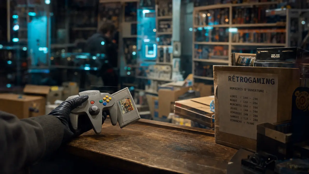 Magasin jeux vidéos Paris : main, manette et rétro sur comptoir
