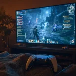 World of warcraft ps5 : DualSense sur canapé avec interface MMORPG
