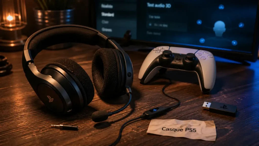 Casque gamer PS5 près d’une manette DualSense, micro et dongle 2.4 GHz
