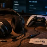 Casque gamer PS5 près d’une manette DualSense, micro et dongle 2.4 GHz
