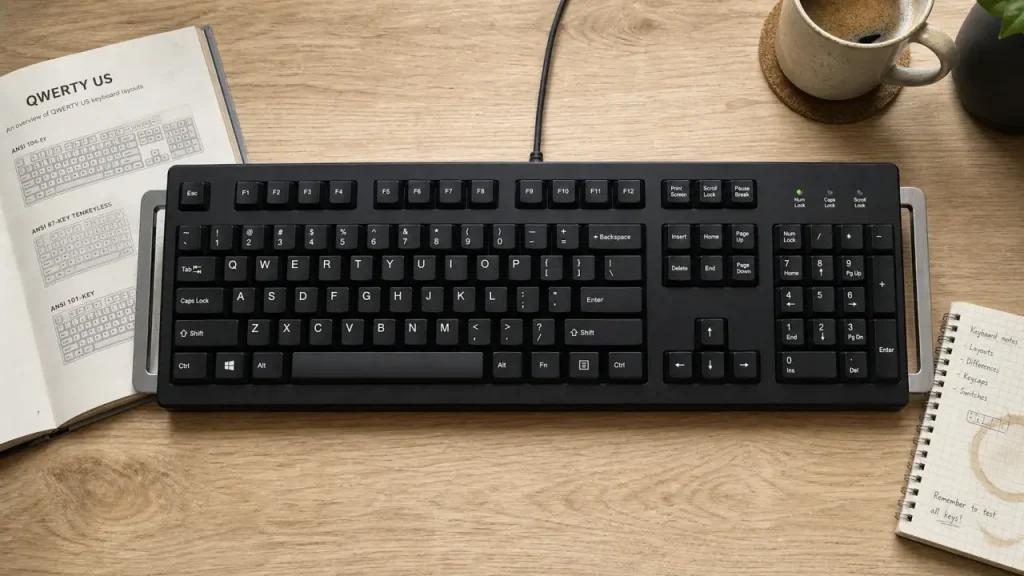 Clavier américain QWERTY sur bureau en bois clair