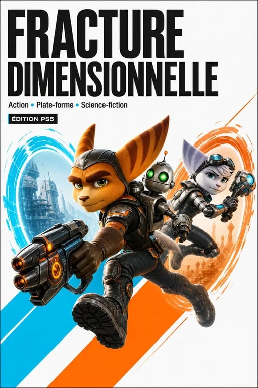 Ratchet et Clank ps5 : illustration éditoriale de Ratchet, Clank et Rivet dans une scène interdimensionnelle