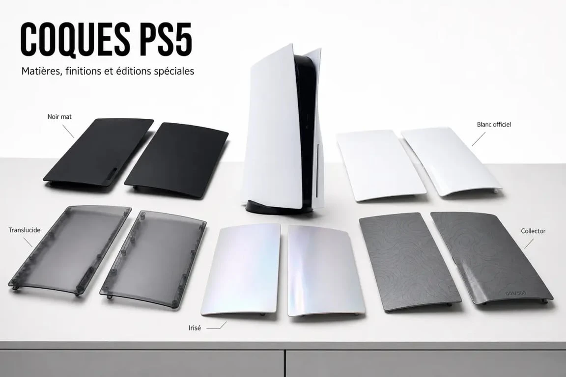 Collection de modèles de coque ps5 noirs, colorés et collector sur console