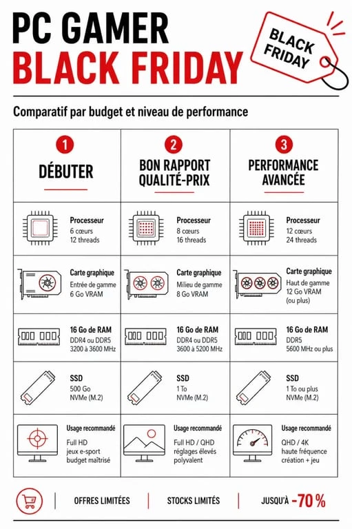 pc gamer black friday : comparatif visuel des configurations par budget et niveau de performance