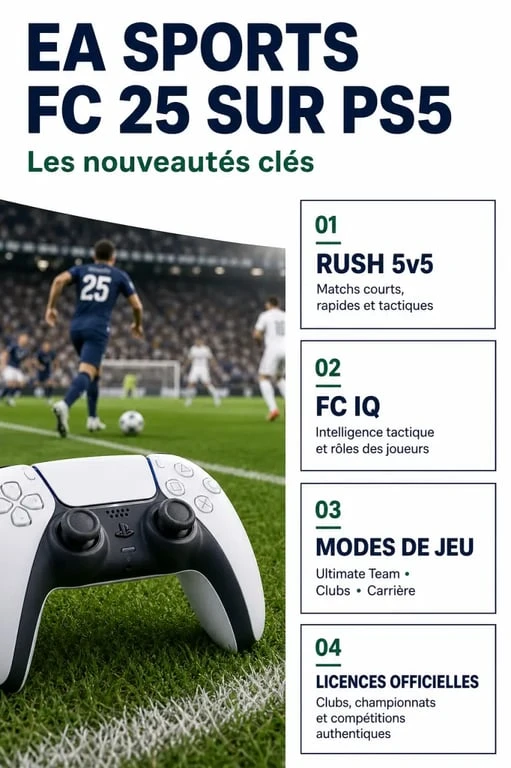 FC 25 PS5 : visuel éditorial des modes Rush 5v5, FC IQ et carrières sur PlayStation 5