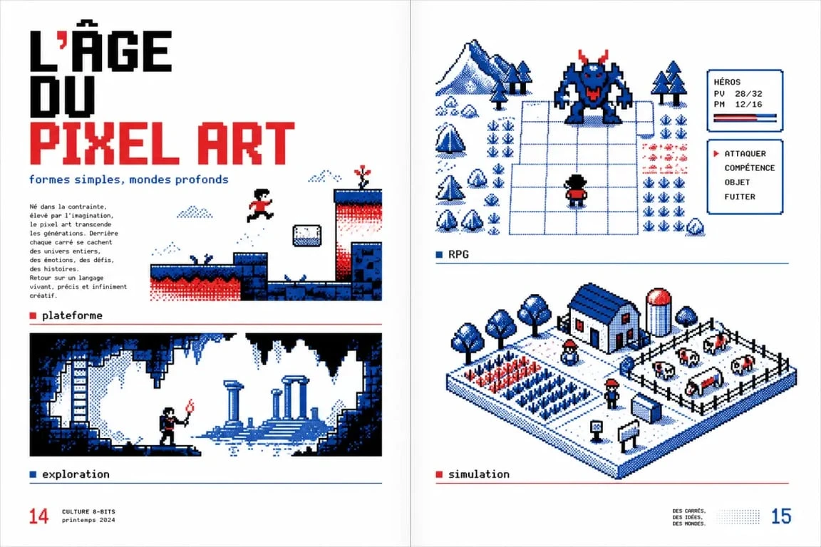 Pixel art jeux vidéo : composition éditoriale de plusieurs univers de jeux en pixels pour découvrir des titres emblématiques