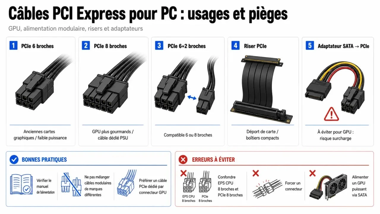 Comparatif câble pci express des principaux connecteurs et usages pour PC