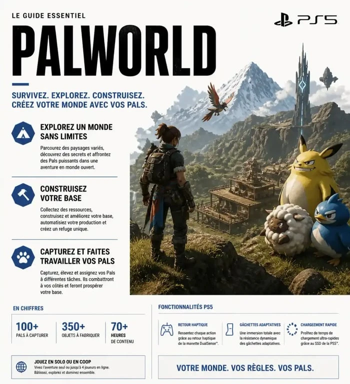 Capture d'écran du gameplay de Palworld sur PS5 montrant l'exploration et la construction de base