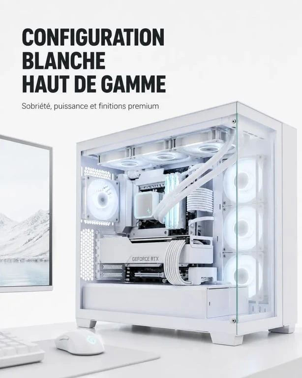 PC gaming blanc haut de gamme avec composants assortis, câbles blancs et éclairage ARGB