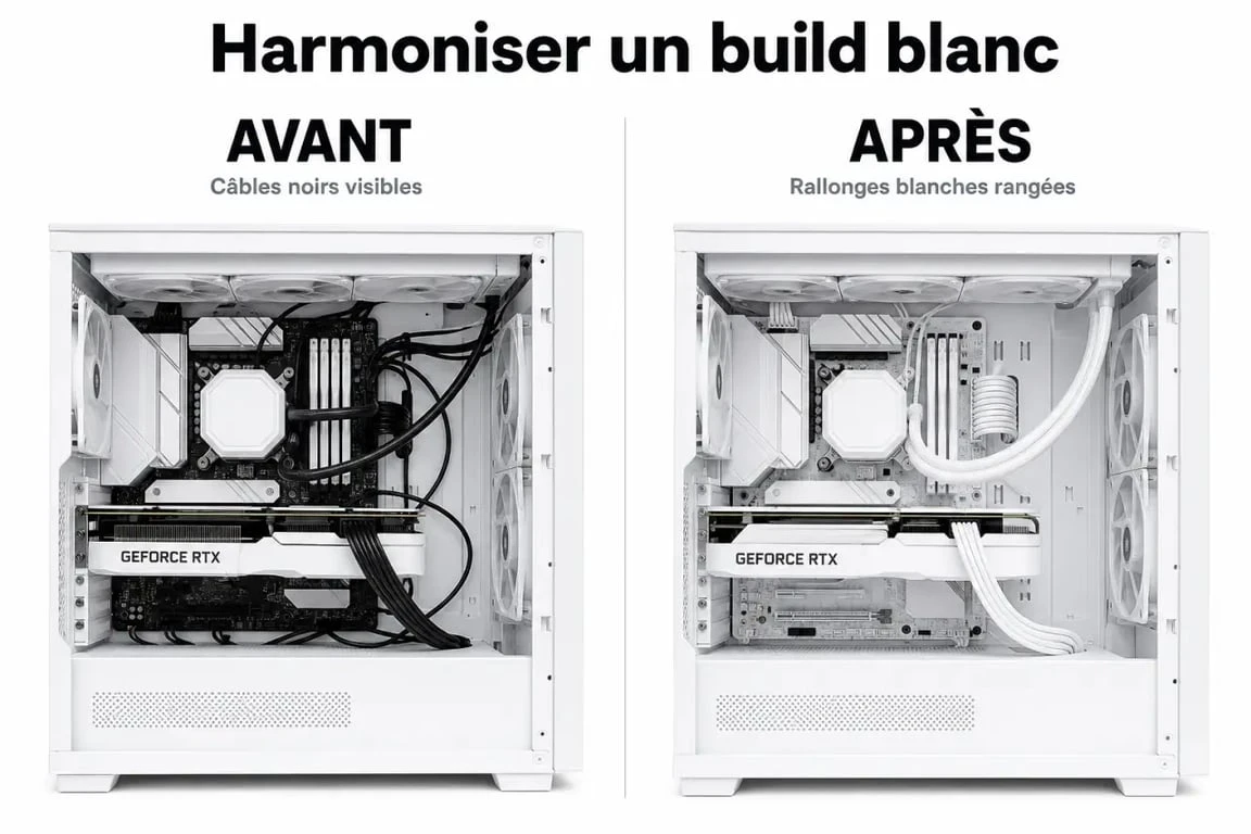 Comparatif PC gaming blanc avant et après avec câbles noirs puis rallonges blanches