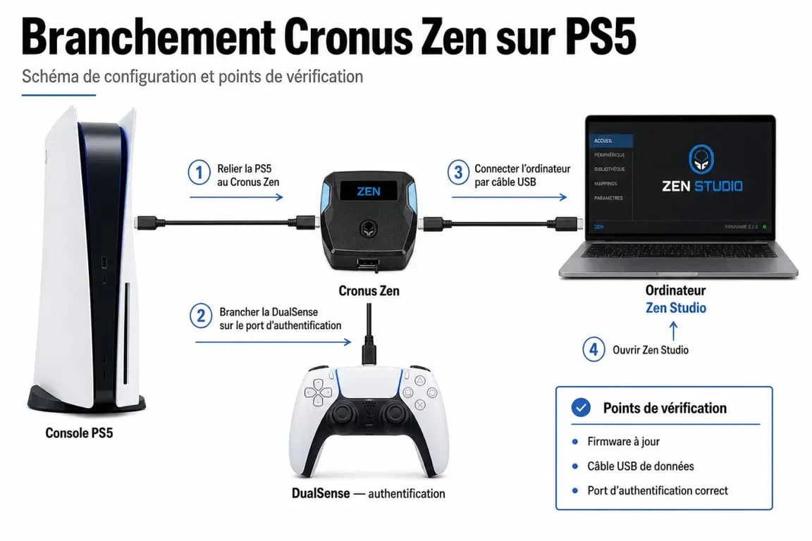 Schéma de branchement cronus ps5 sur PS5 avec DualSense et Zen Studio