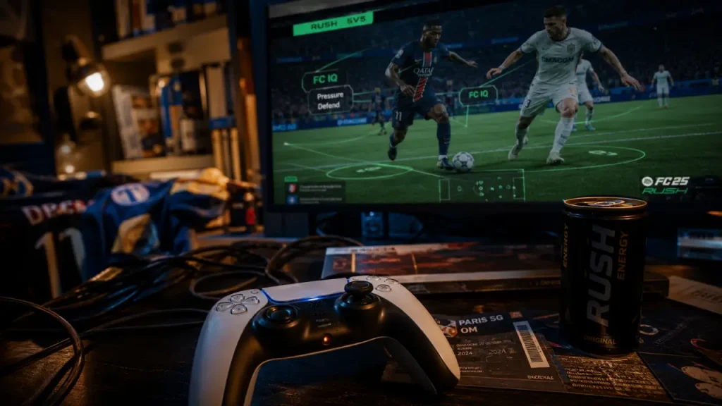 fc 25 ps5 : interface Rush 5v5 avec FC IQ, licences officielles