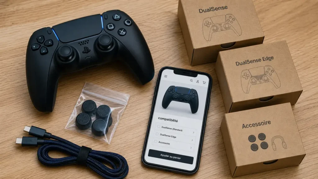 Manette PS5 Fnac : DualSense et accessoires (DualSense Edge) sur table