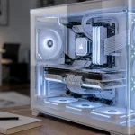 PC gaming blanc : boîtier vitré et câbles bleu pâle