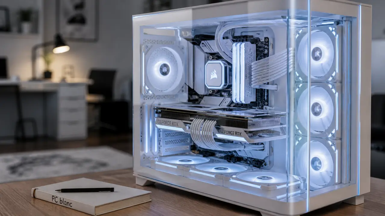PC gaming blanc : boîtier vitré et câbles bleu pâle