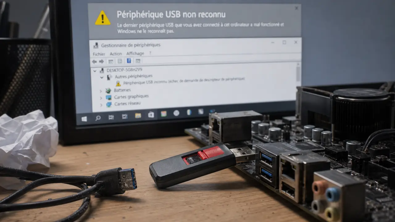 Périphérique usb non reconnu : clé USB et port à vérifier, câble et pilote