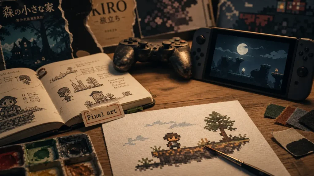 Pixel art jeux vidéo : manette et croquis pixel, style HD-2D