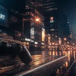 Spider-Man 2 sur spiderman ps5 : manette DualSense sous la pluie nocturne
