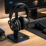 Support casque gaming RGB sur bureau, connexion USB
