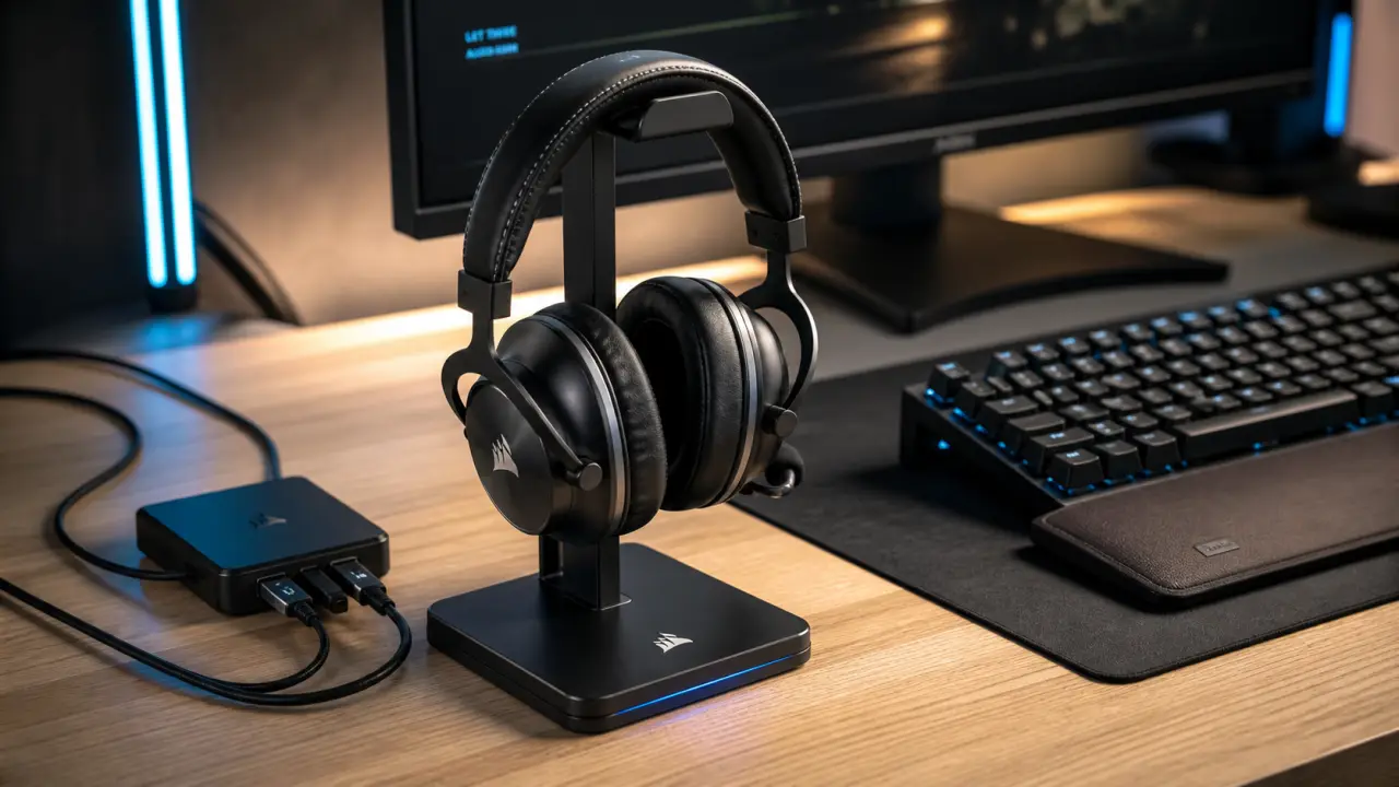 Support casque gaming RGB sur bureau, connexion USB