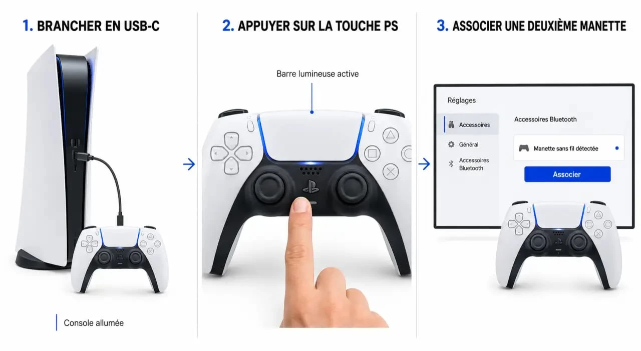 Connecter manette ps5 : schéma étape par étape pour brancher une DualSense en USB-C puis l'appairer en Bluetooth sur PS5
