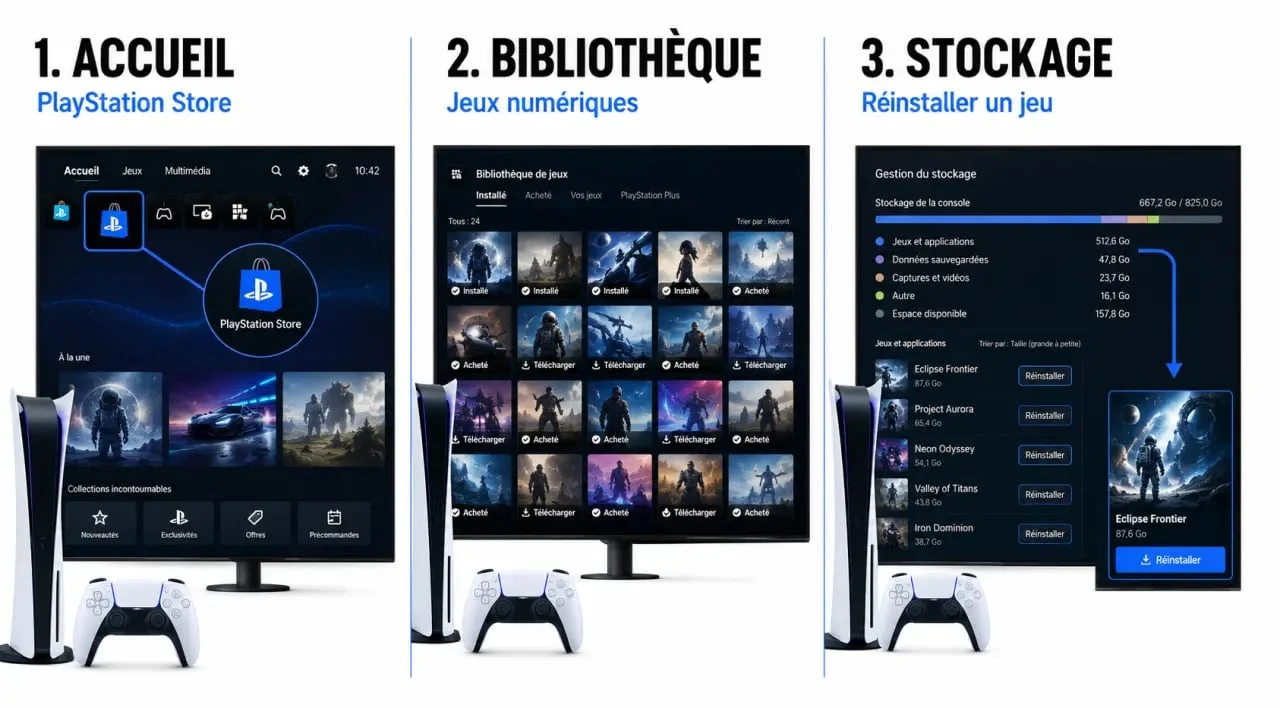 PlayStation Store PS5 : navigation entre le Store, la bibliothèque et le stockage sur console