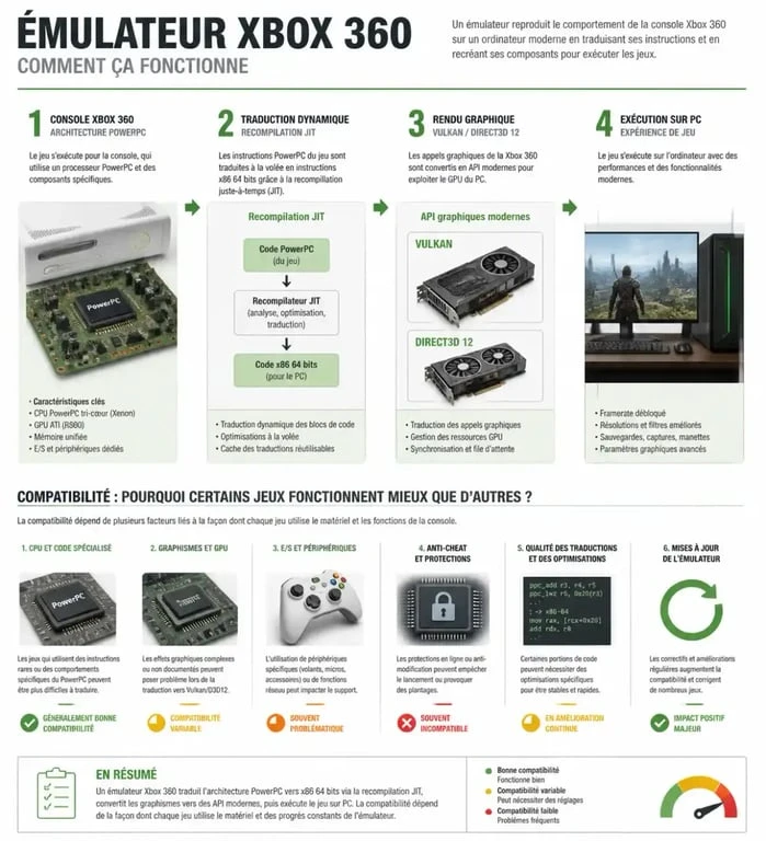 Infographie expliquant le fonctionnement d’un emulator xbox 360 et ses critères de compatibilité
