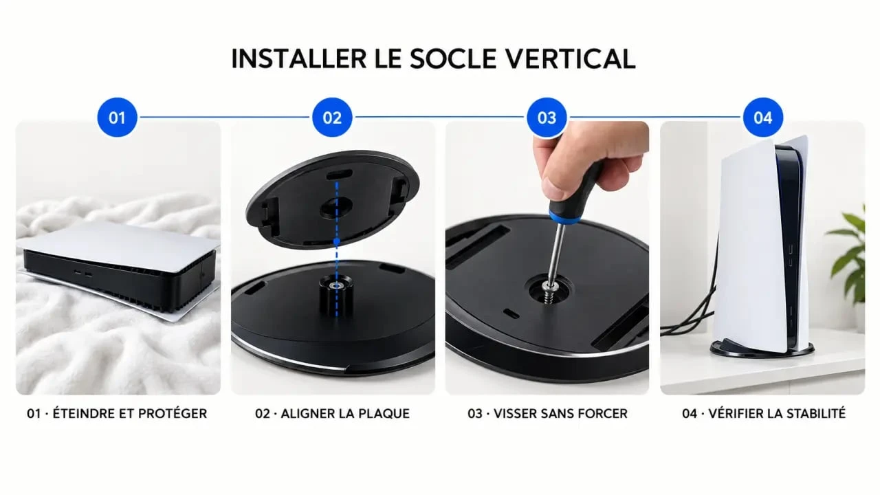 Installation d'un socle PS5 vertical en quatre étapes
