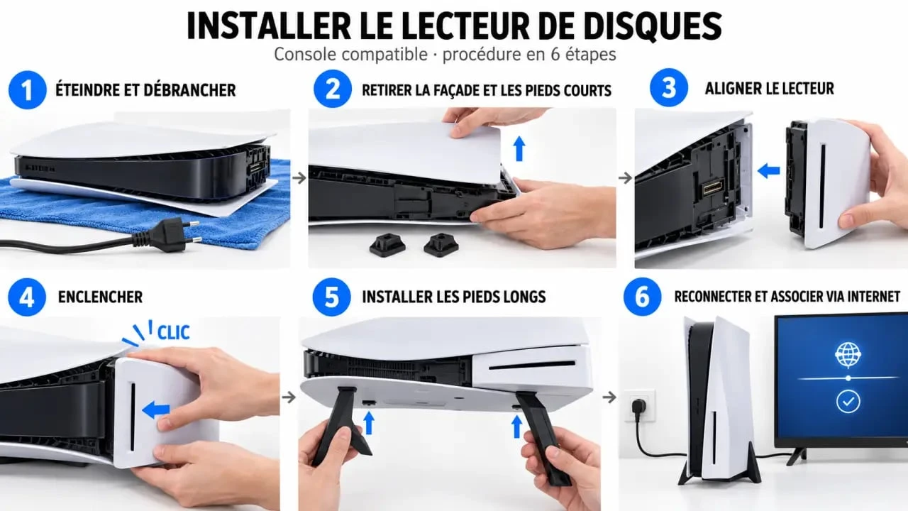 Lecteur PS5 : étapes illustrées pour retirer la façade, fixer le lecteur et installer les pieds longs