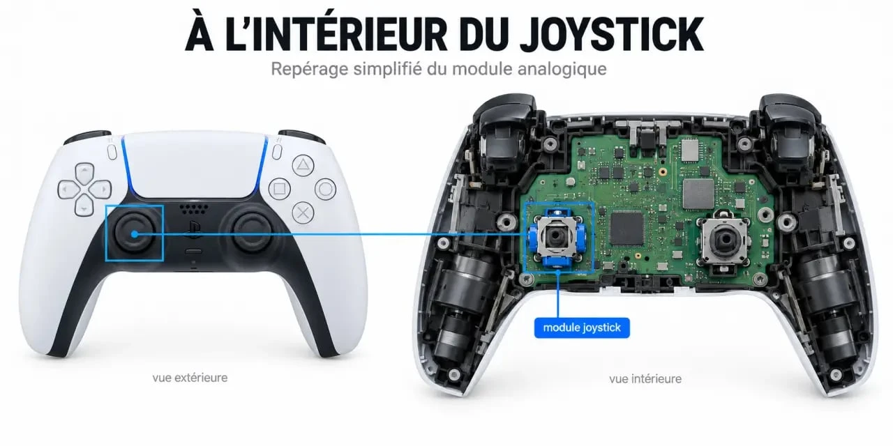 Schéma du joystick PS5 interne dans une manette DualSense
