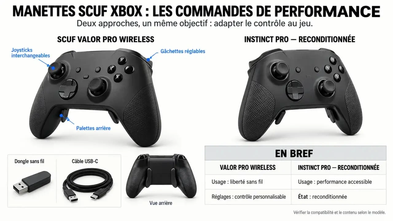 Infographie comparative d’une manette SCUF Xbox avec palettes arrière, joysticks et connexions