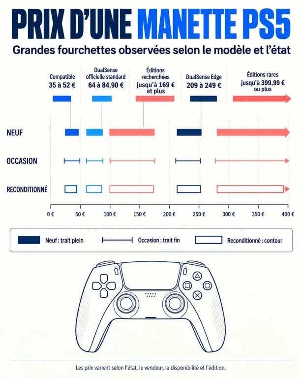 Infographie du prix d’une manette PS5 selon le modèle, l’état et la rareté