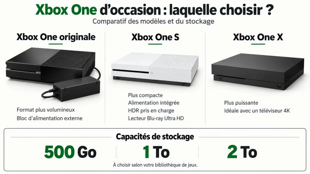 Infographie comparative pour choisir une Xbox One S occasion face aux Xbox One et Xbox One X
