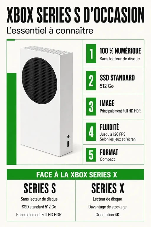 Infographie Xbox Series S occasion : stockage SSD, absence de lecteur et comparaison avec la Series X