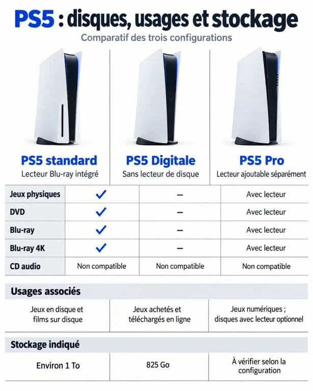 Infographie lecteurs CD PS5 comparant les versions standard, digitale et Pro