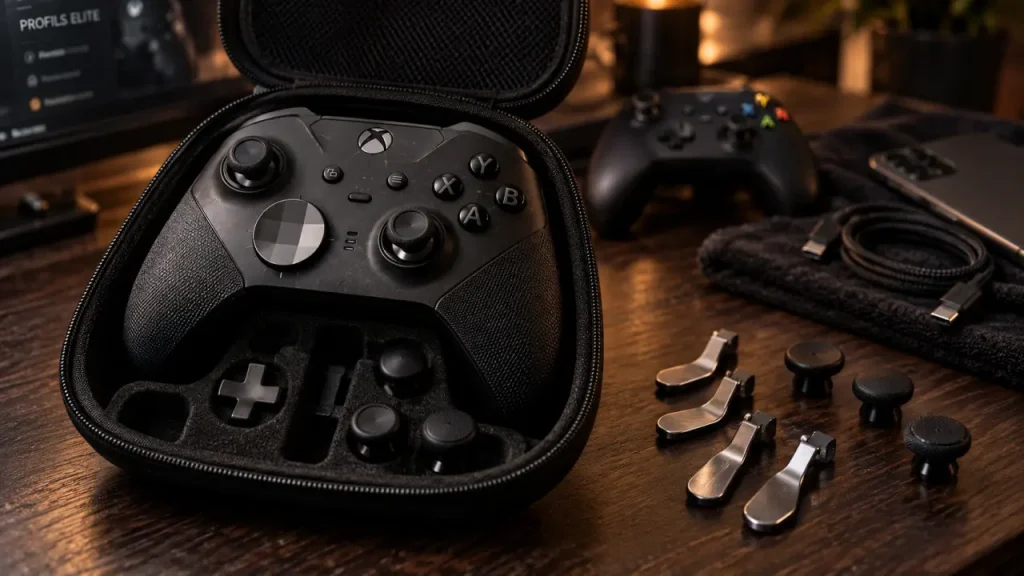 Manette xbox elite avec 4 palettes, autonomie 40 h, gros plan