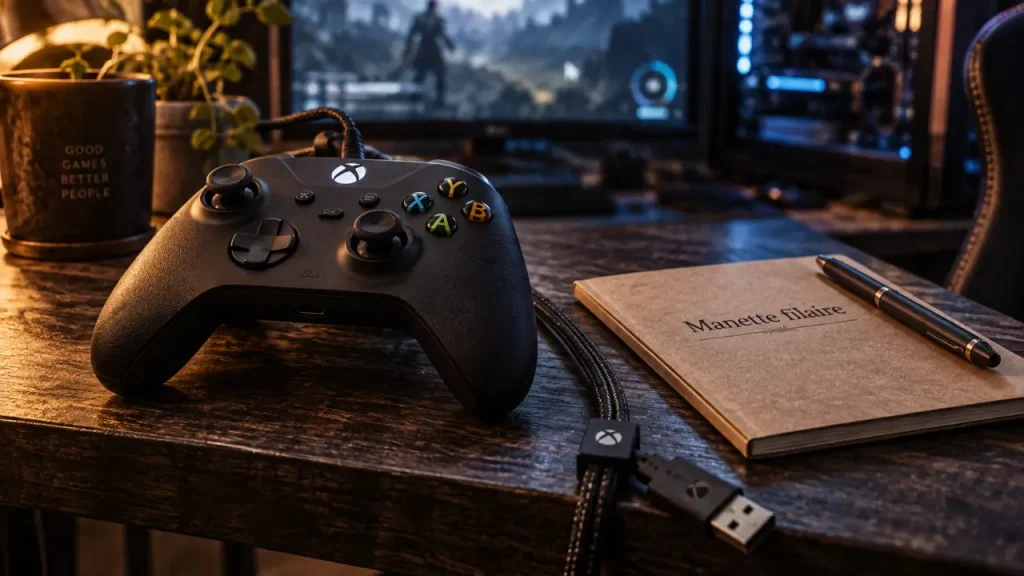 Manette xbox filaire noire sur table, câble USB visible
