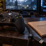 Manette xbox filaire noire sur table, câble USB visible