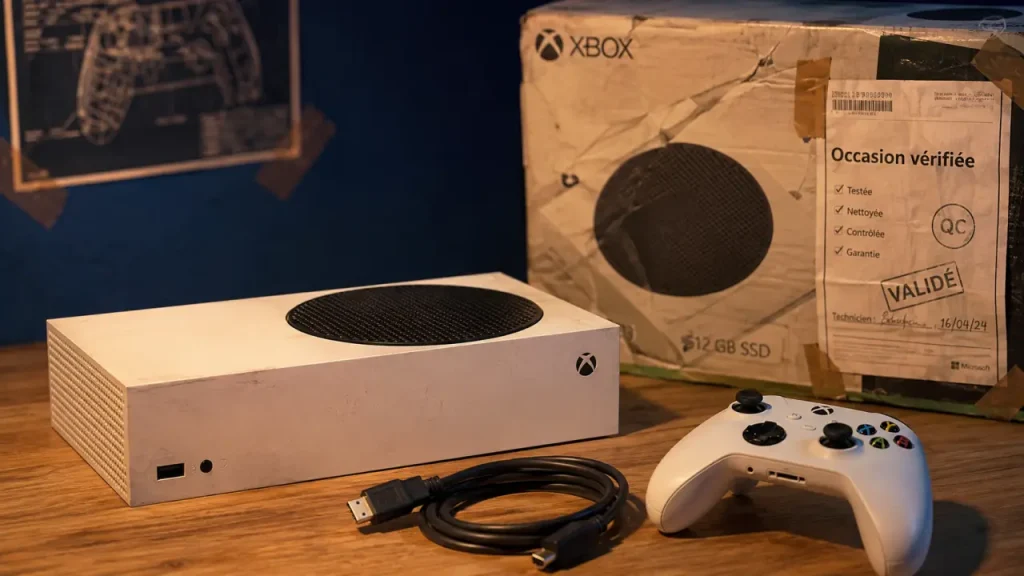 Xbox series s occasion : console tout-numérique d’occasion, manette et câble HDMI visibles