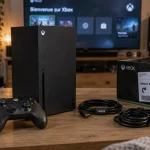 Xbox Series X occasion sur table, boîte ouverte, câbles HDMI