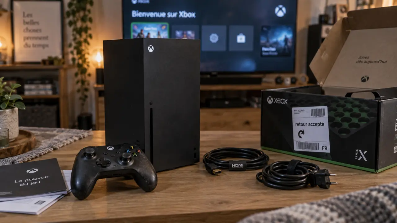 Xbox Series X occasion sur table, boîte ouverte, câbles HDMI