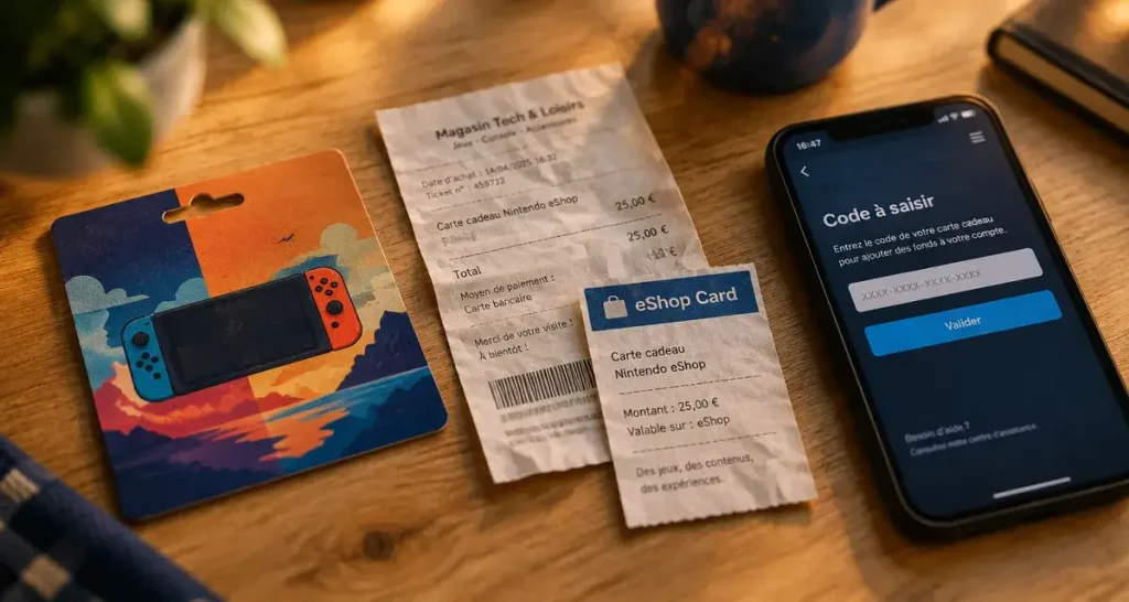 Carte cadeau nintendo switch sur une table