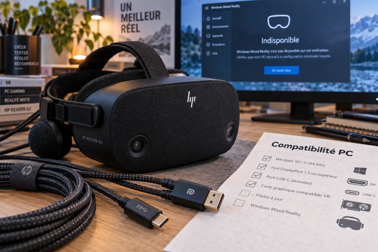 Casque réalité virtuelle hp Reverb G2 sur bureau, écran Windows Mixed Reality indisponible
