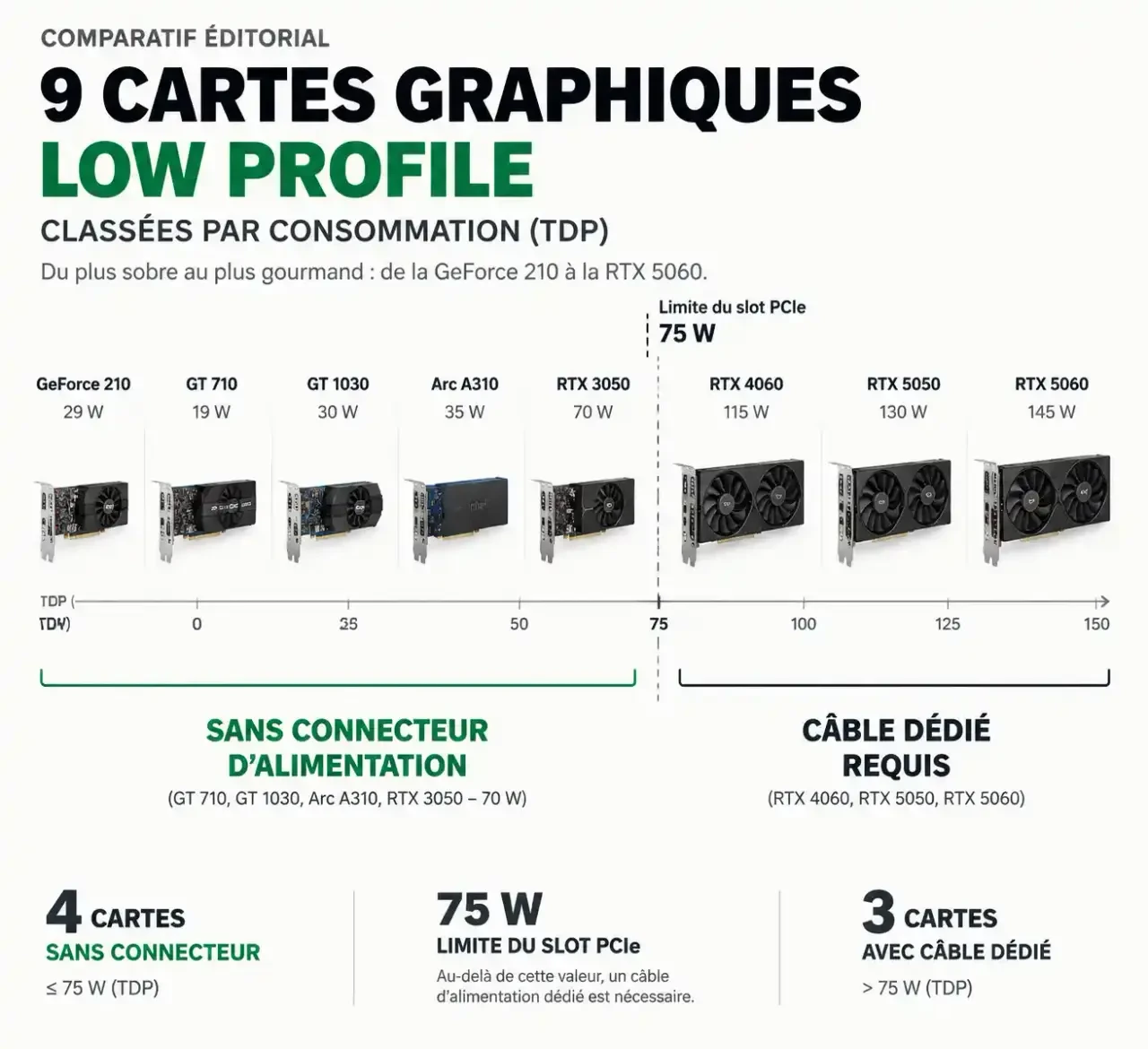 Carte graphique low profile : comparaison de la consommation des modèles courants selon la limite de 75 W du slot PCIe